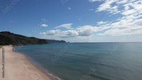 Aerial drone footage of Tairua beach in the Coromandel in New Zealand photo