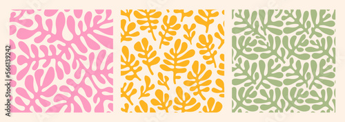 Groovy abstract flower art seamless patterns. Organic floral doodle shapes in trendy naive retro hippie 60s 70s style. Matisse curves aestethic. Botanic vector background in pink, yellow colors.