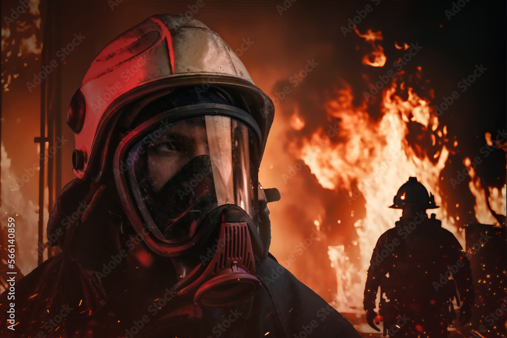 Teamwork of two firefighters dressed in protective uniform and helmet in heat of inferno.