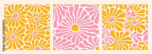 Groovy abstract flower art seamless patterns. Organic floral doodle shapes in trendy naive retro hippie 60s 70s style. Matisse curves aestethic. Botanic vector background in pink, yellow colors.