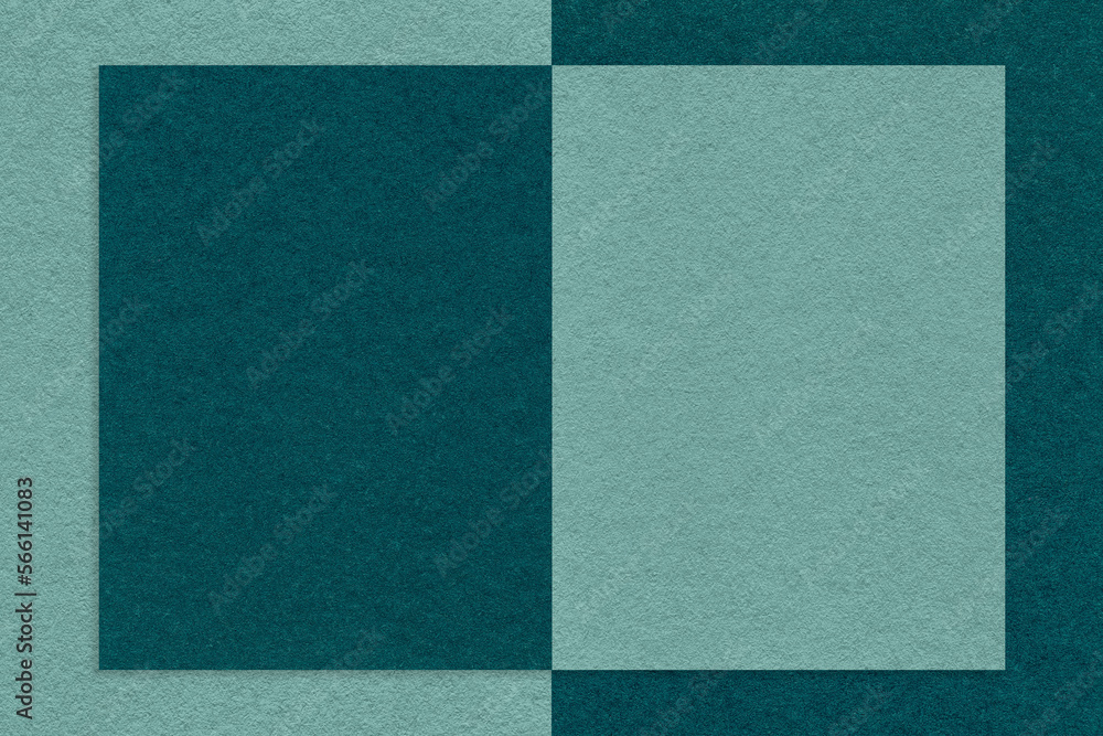 Fototapeta premium Texture of emerald and cyan paper background with geometric shape and pattern, macro. Structure of craft teal cardboard