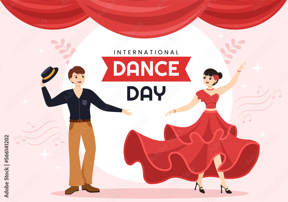 Obraz premium International Dance Day Illustration with Professional Dancing Performing Couple or Single in Flat Cartoon Hand Drawn for Landing Page Templates