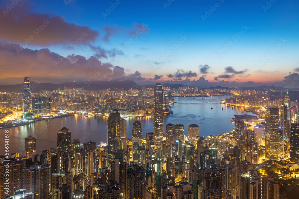 Victoria harbor of Hong Kong city at dawn