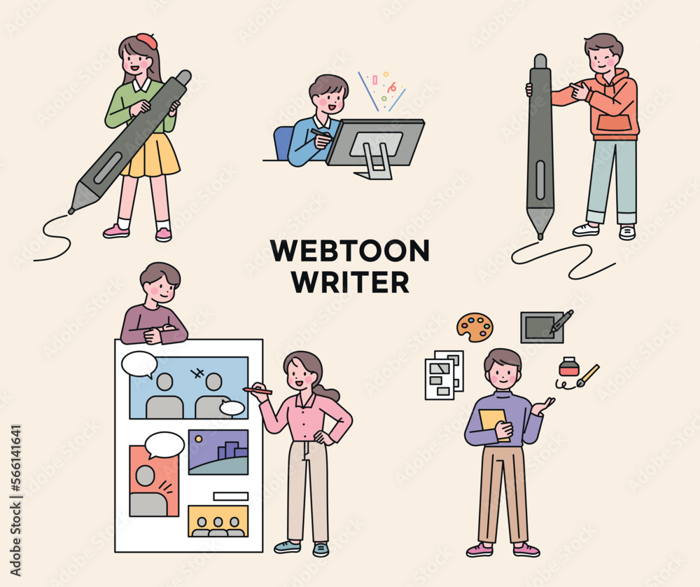 toon cartoonists. People holding big digital pens. Comic book page