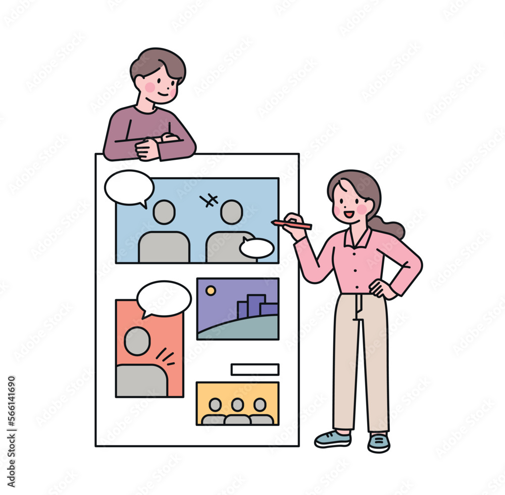Comic webtoon writers and comic pages. A cartoonist is holding a pen and explaining. Comic webtoon writers and comic pages. A cartoonist is holding a pen and explaining.