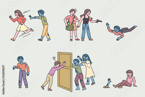 People fighting the chasing zombies. Zombie apocalypse world.
