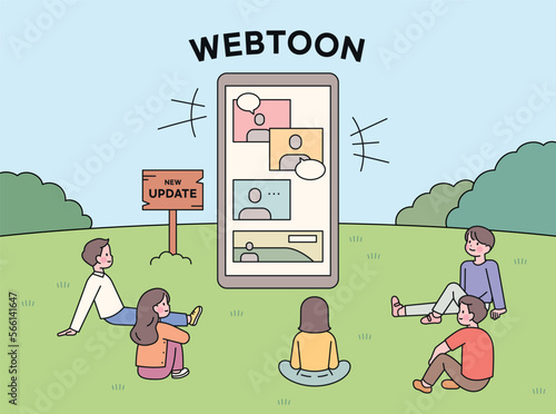 Koreans are enjoying webtoons on their mobile devices. A lot of people are sitting around a big smartphone and there are comic pages on the screen.