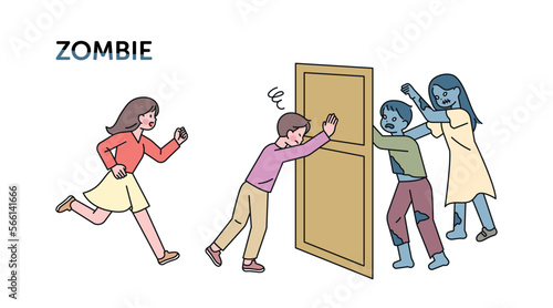 A human confronting a zombie with a door between them. Someone jumps up and helps.