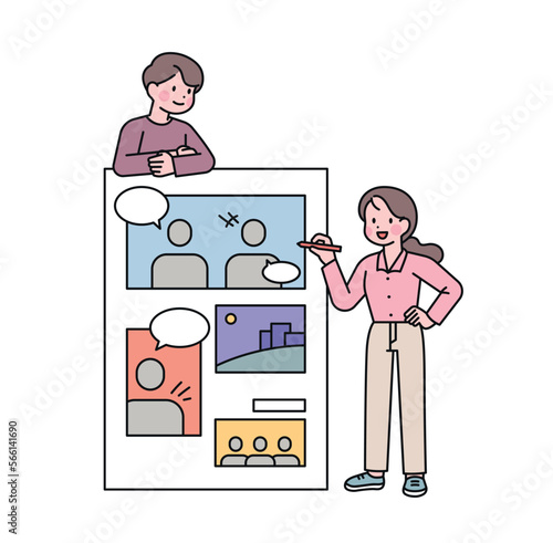 Comic webtoon writers and comic pages. A cartoonist is holding a pen and explaining.