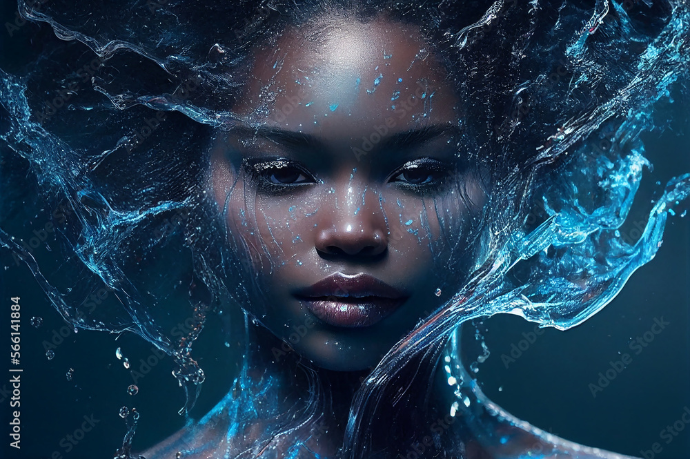 Water element african american woman goddess fantasy human representation. Generative AI model