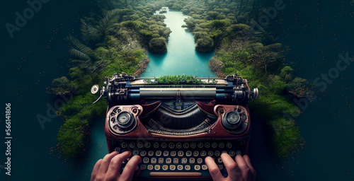 Writer creativity imagination concept illustration, typewriter flying over tropical river and forest natural landscape. Generative AI photo