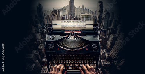 Writer creativity imagination concept illustration, typewriter flying over cityscape. Generative AI photo