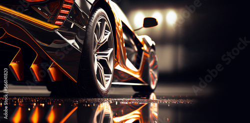 Super car rear view detail black shiny vibrant, luxurious expensive automotive illustration, copy space on the right. Generative AI © fabioderby