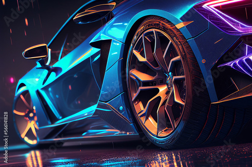 Super car rear view detail blue shiny vibrant, luxurious expensive automotive illustration. Generative AI