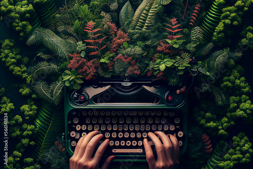 Writer creativity imagination concept illustration, typewriter flying over tropical forest natural landscape. Generative AI