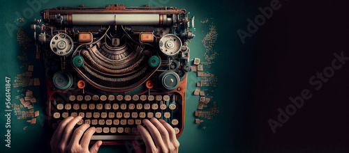 Writer creativity imagination concept illustration, vintage typewriter high angle view flying over natural landscape, copy space on the right. Generative AI photo