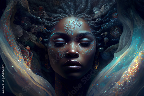 Fifth element woman goddess african american fantasy human representation. Generative AI model