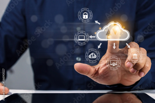 man using laptop and touching cloud computing diagram cloud technology storage The concept of networks and internet services. Online data management system, information system for business