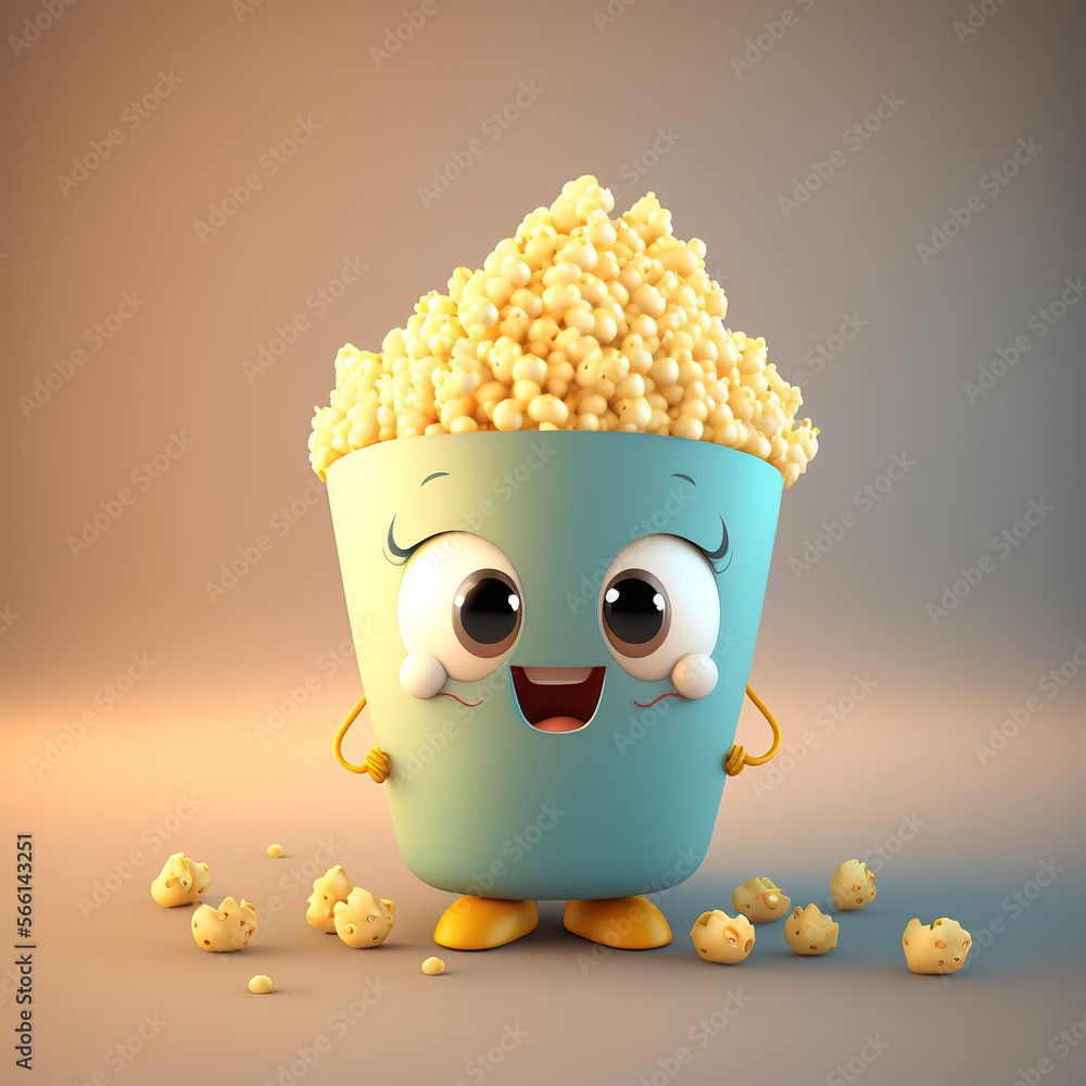 Cute popcorn cartoon 3D character. Generative Ai Stock Illustration