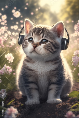 cat in the garden with headset made with generative ai