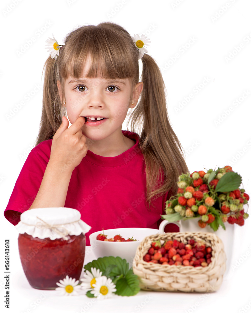 little girl with flowers, strawberries and sweet jam on a white background little girl with flowers, strawberries and sweet jam on a white background