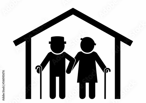 home for the elderly, retirement home, seniors at house, vector icon, black silhouette