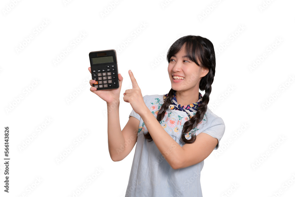 Portrait of beautiful young asian woman in denim dress holding calculator on white background. business shopping online concept. Portrait of beautiful young asian woman in denim dress holding calculator on white background. business shopping online concept.