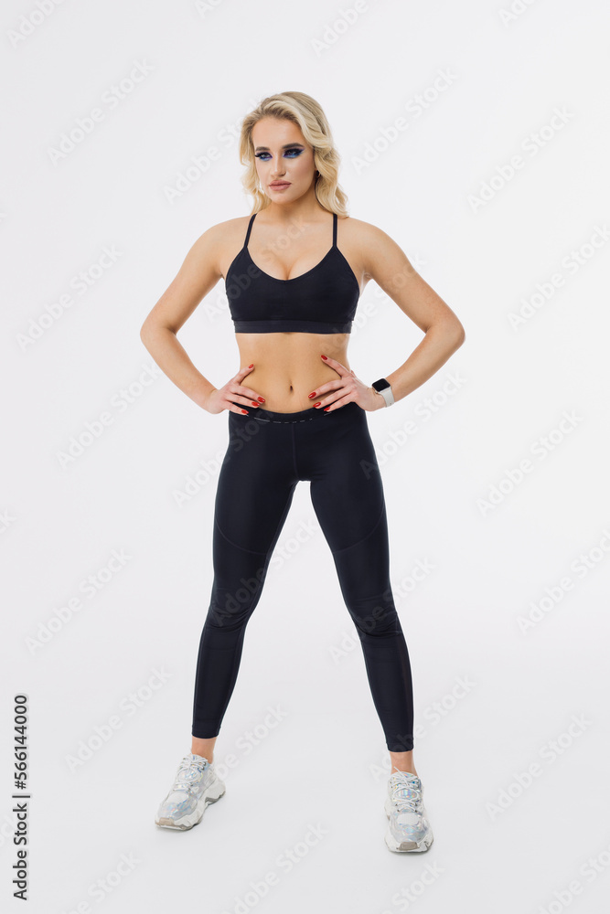 Fitness instructor. Female fitness trainer. White isolated background