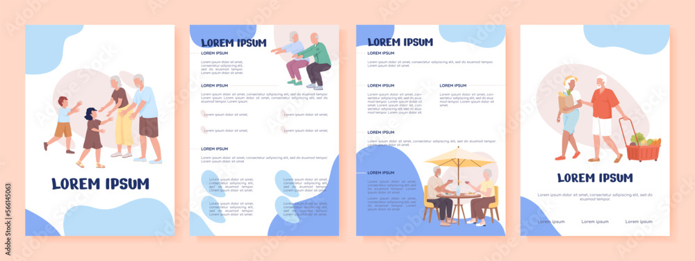 Old couple spending time together flat vector brochure template. Booklet, leaflet printable color designs. Editable magazine page, reports with text space. Nerko One, Quicksand, Comfortaa fonts used