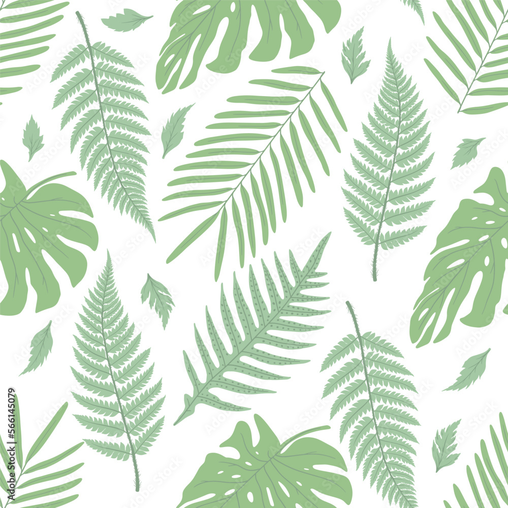 Seamless flat pattern with fern, palm and monstera