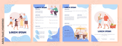 Old couple spending time together flat vector brochure template. Booklet, leaflet printable color designs. Editable magazine page, reports with text space. Nerko One, Quicksand, Comfortaa fonts used