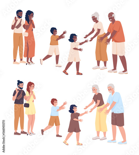 Parents leaving children with grandparents semi flat color vector characters set. Editable figures. Full body people on white. Simple cartoon illustration pack for web graphic design and animation