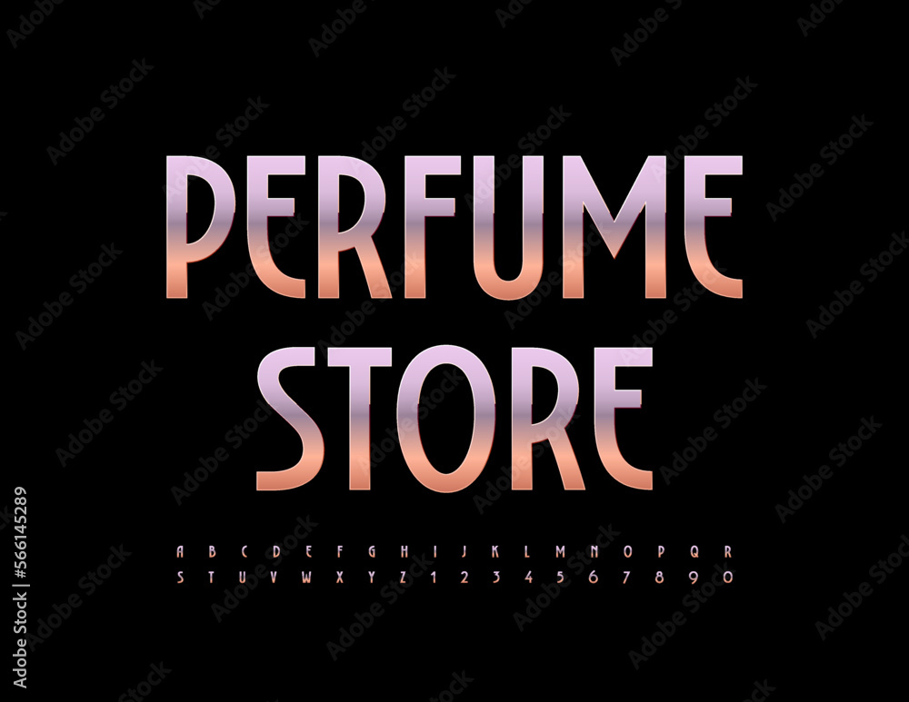 Vector elite Signboard Perfume Store. Chic Golden Font. Trendy Alphabet Letters and Numbers set