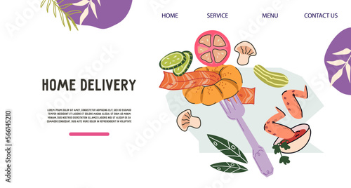 Online ready food order and delivery, flat hand drawn vector illustration for website or app interface. Delivery, takeaway and takeout food, ready meal service website or landing page template.
