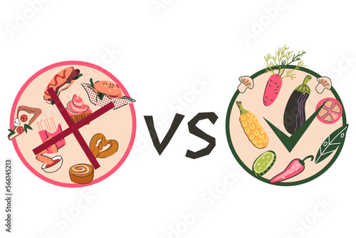Healthy VS unhealthy food, food choice and diet or nutrition plan concept, hand drawn flat vector Illustration on white background. Concept of healthy eating.