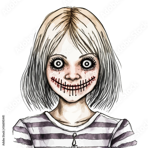 Portrait of a spooky little girl, perfect for creative Halloween use. Ideal for giving chills.