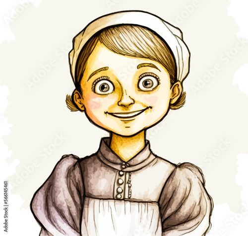 Cute girl dressed in traditional attire of the Middle Ages in Europe. Poor peasant child or servant. Vector illustration. Perfect for adding an historical touch to any project.