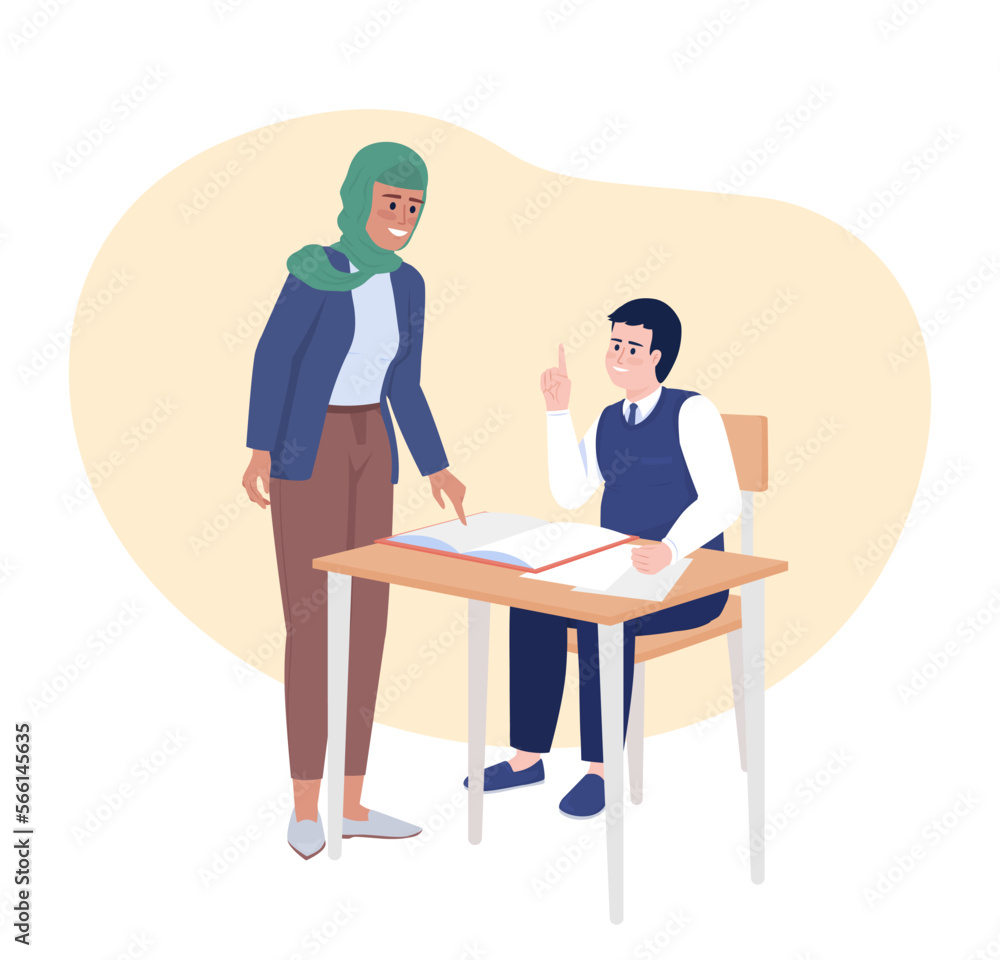 Giving assignment during class 2D vector isolated illustration. Teacher exchanging thoughts with pupil flat characters on cartoon background. Colorful editable scene for mobile, website, presentation