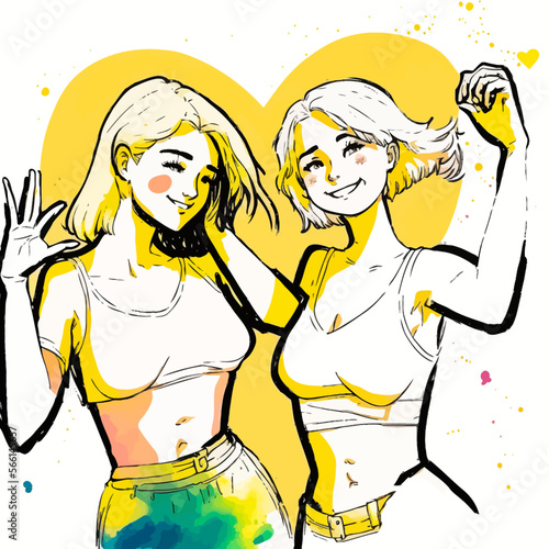 A couple of young women together to claim their right to equality and freedom. Represents LGBT pride and an alliance for love and justice.