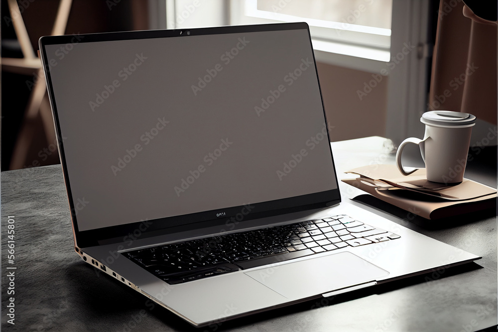 Laptop in space on gray background, copy space, space for text, laptop design with keyboard, business technology, cloud storage. Generative AI Laptop in space on gray background, copy space, space for text, laptop design with keyboard, business technology, cloud storage. Generative AI