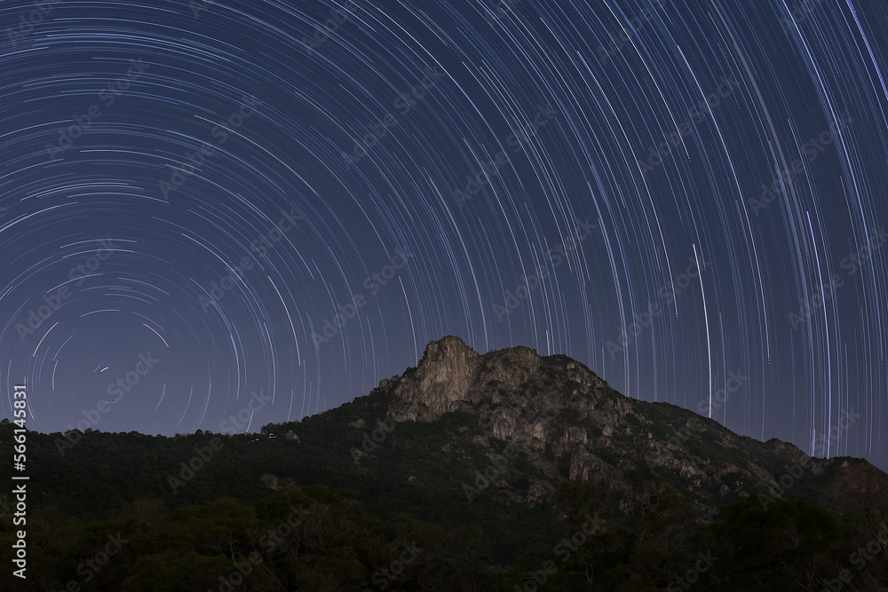 Star trail over Natural landmark Lion Rock in Hong Kong