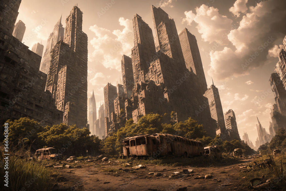 Post Apocalyptic View The last remains of us. The post-apocalyptic view of the ancient ruins ...