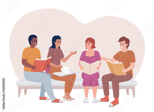 Literature club in school 2D vector isolated illustration. Students discussing books in group flat characters on cartoon background. Colorful editable scene for mobile, website, presentation