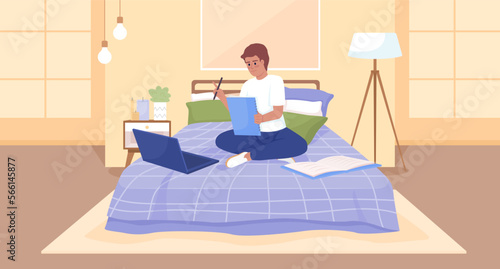 Remote education flat color vector illustration. Online public school. Happy boy doing assignment comfortably in bed. Fully editable 2D simple cartoon characters with bedroom on background