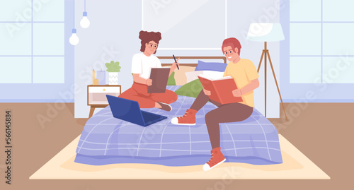 Group project for bonding middle school classmates flat color vector illustration. Friends, siblings doing homework together. Fully editable 2D simple cartoon characters with bedroom on background