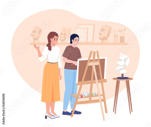 Art academy 2D vector isolated illustration. Female educator teaching male student portrait drawing flat characters on cartoon background. Colorful editable scene for mobile  website  presentation