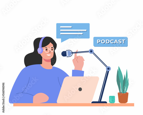 professional podcaster talking with the audience, recording audio podcast or online show.