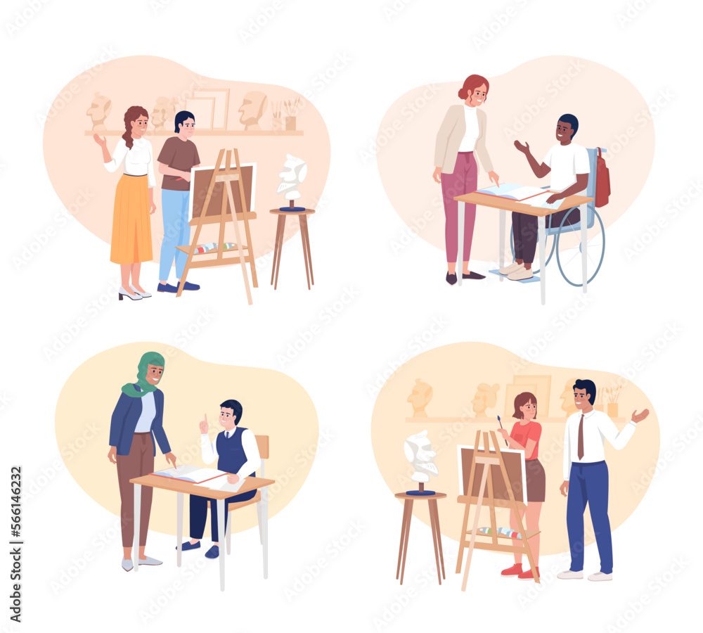 Student teacher communication 2D vector isolated illustration set. Educator helping pupil flat characters on cartoon background. Colorful editable scene pack for mobile, website, presentation Student teacher communication 2D vector isolated illustration set. Educator helping pupil flat characters on cartoon background. Colorful editable scene pack for mobile, website, presentation