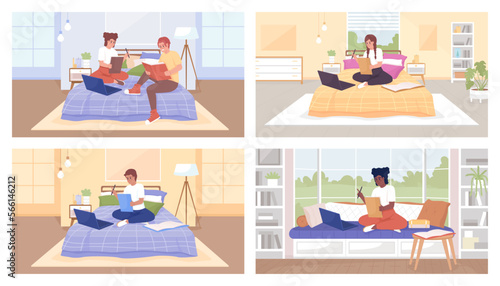 Doing homework at home flat color vector illustration set. Completing school assignments with friend. Fully editable 2D simple cartoon characters pack with bedroom, living room interiors on background