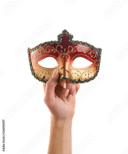 Woman with carnival mask for Purim holiday on white background